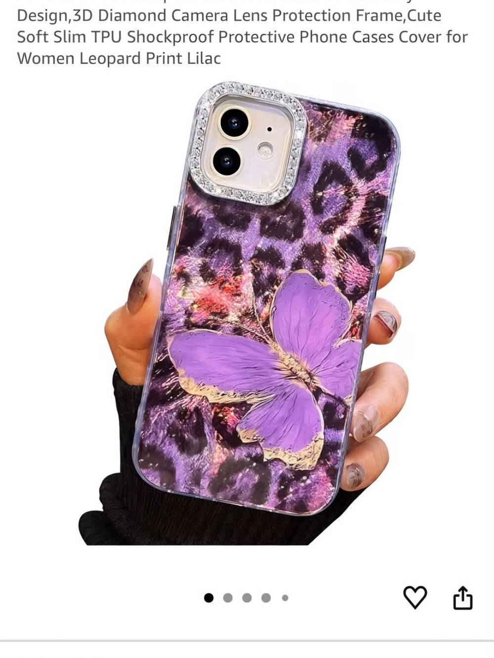 Lilac Butterfly Leopard Print Phone Case with Rhinestone Camera Frame